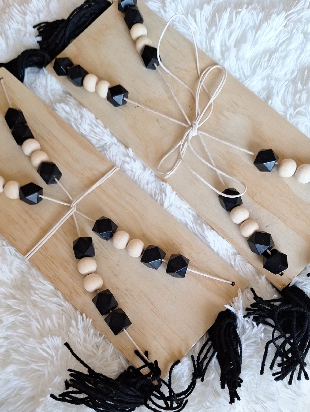 NIP Black and Natural Wood Beaded Hanging Shelf with Tassels, Set of 2